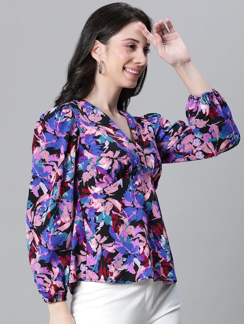 women printed puff sleeves peplum top - 20592356 - Standard Image - 2