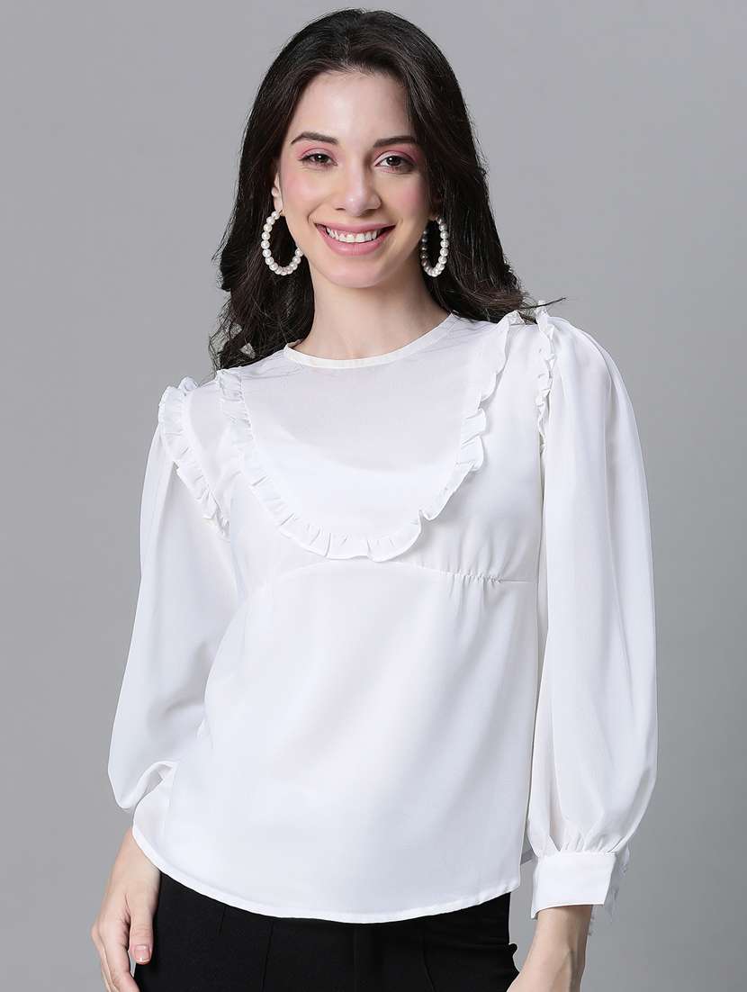 women solid puff sleeves ruffled detailed top