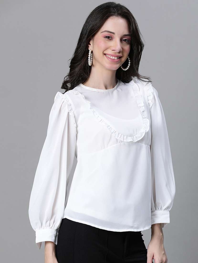 women solid puff sleeves ruffled detailed top - 20592369 -  Standard Image - 2