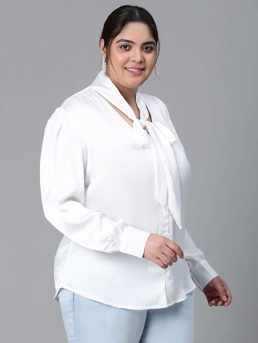 plus size women solid tie up neck top - 20592388 - Standard Image - 2