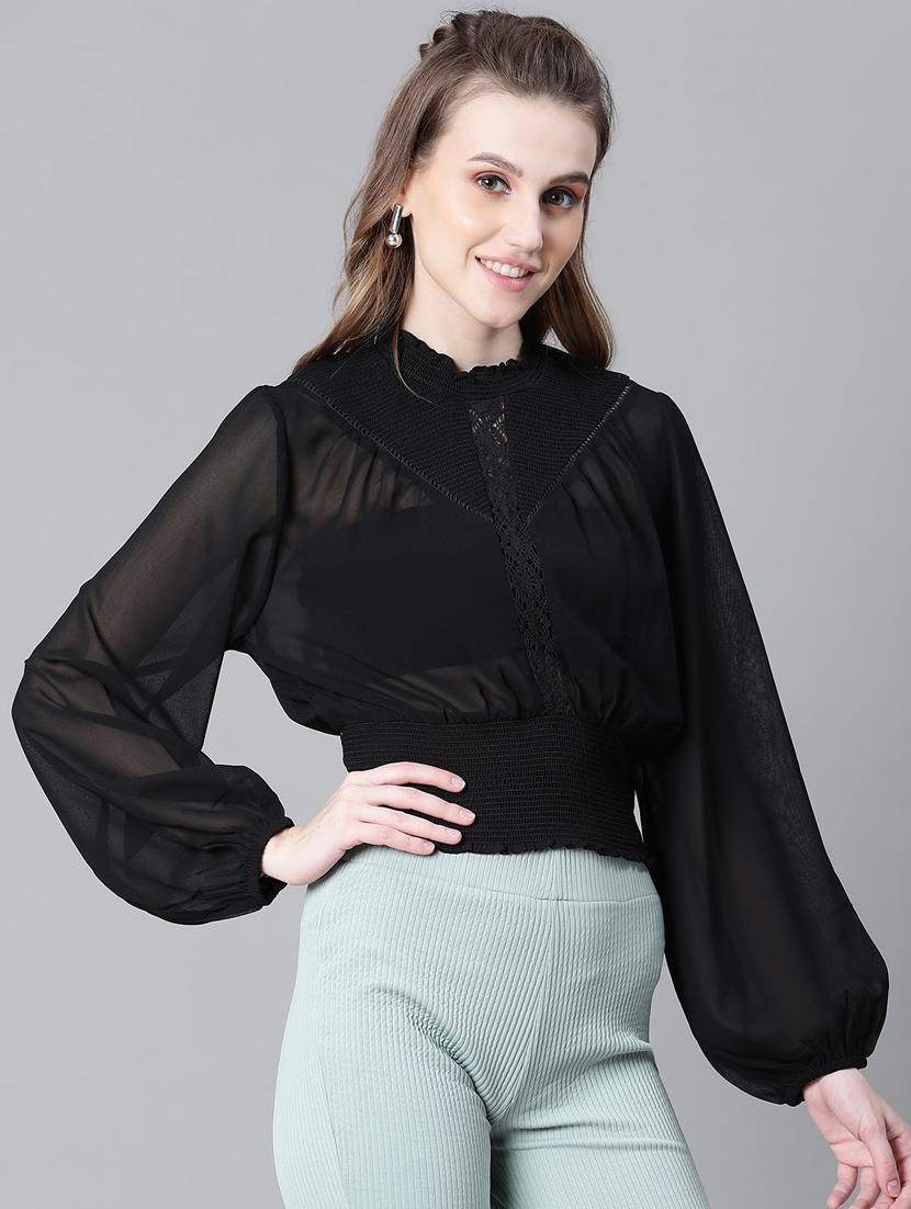 women solid lace detailed crop top - 20592404 - Standard Image - 2