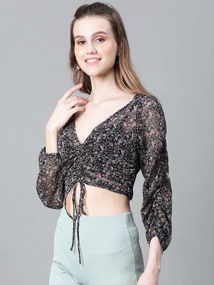 women floral print ruched sleeves top - 20592405 - Standard Image - 2