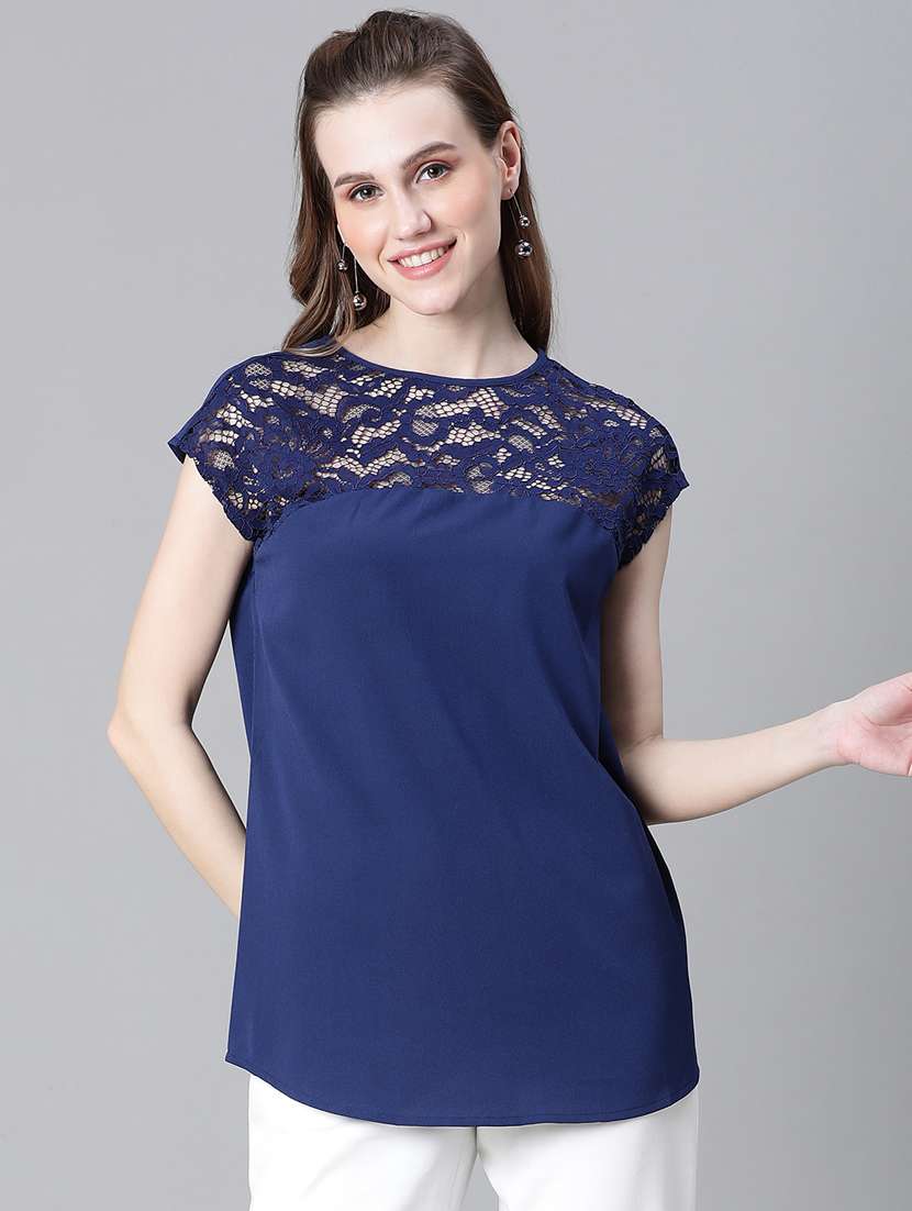 women solid lace deatiled top