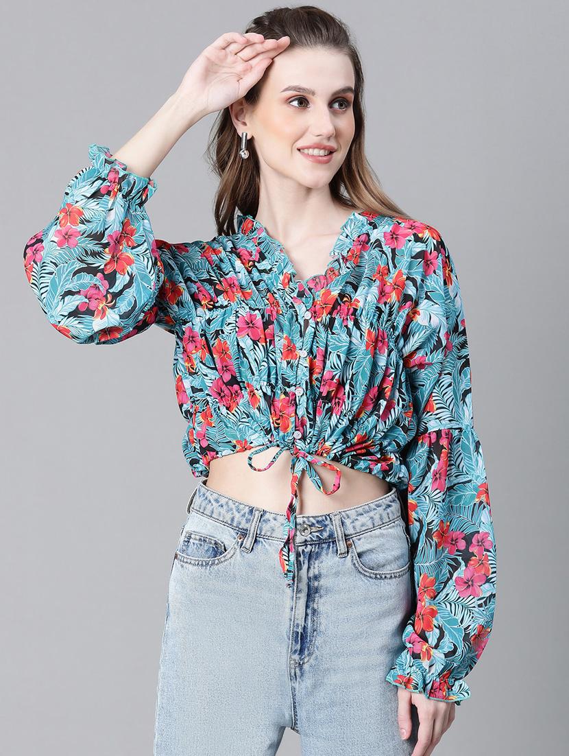 women printed long sleeves crop top - 20592422 - Zoom Image - 0