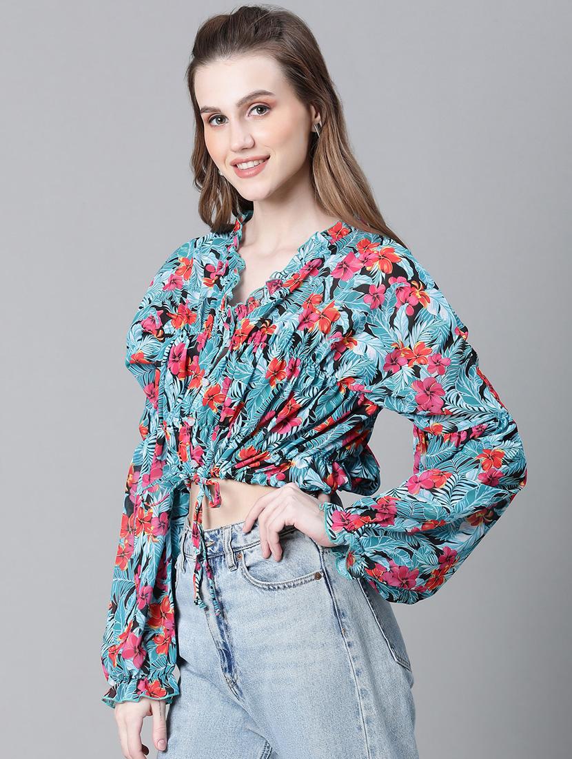 women printed long sleeves crop top - 20592422 - Standard Image - 2