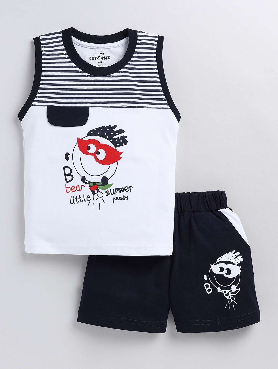 boys navy blue & white printed shorts twin set