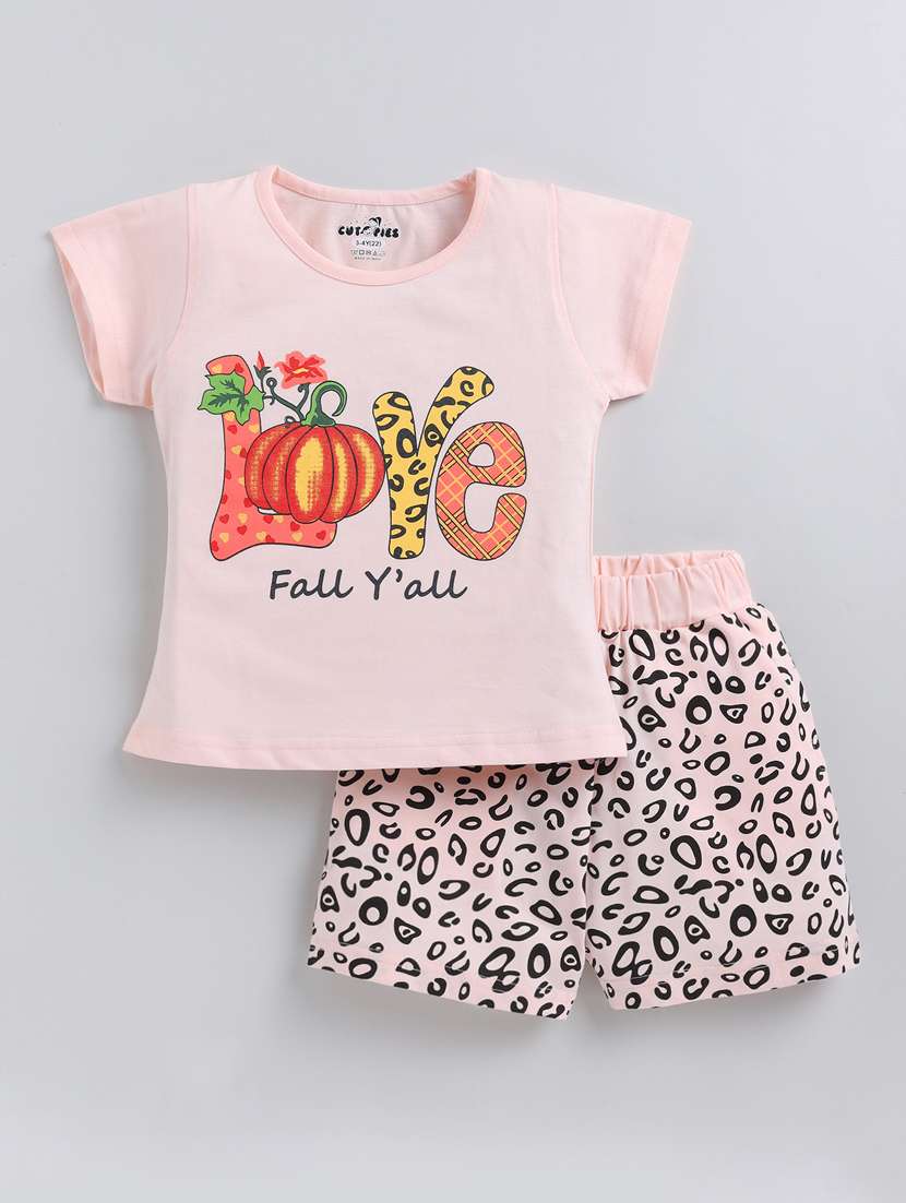 girls round neck graphic regular t-shirt & shorts set