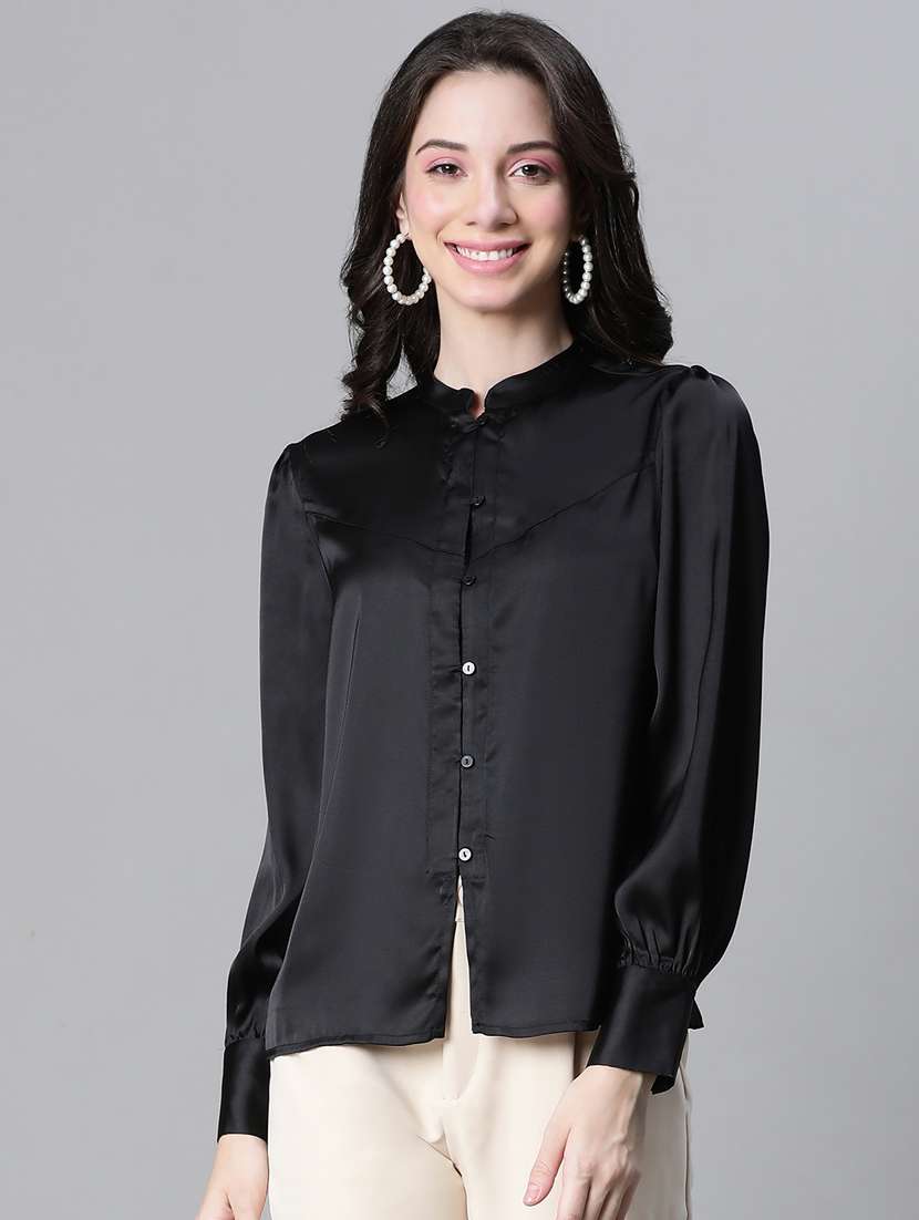 women solid black casual shirt
