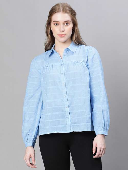 women blue self design casual shirt - 20593436 - Standard Image - 0