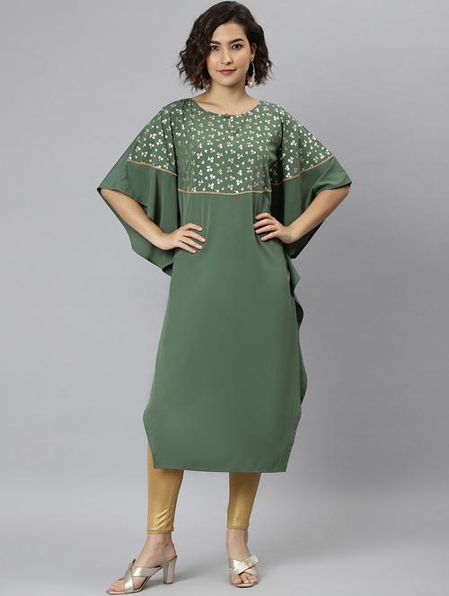 green foil printed kaftan kurta - 20593494 - Standard Image - 0