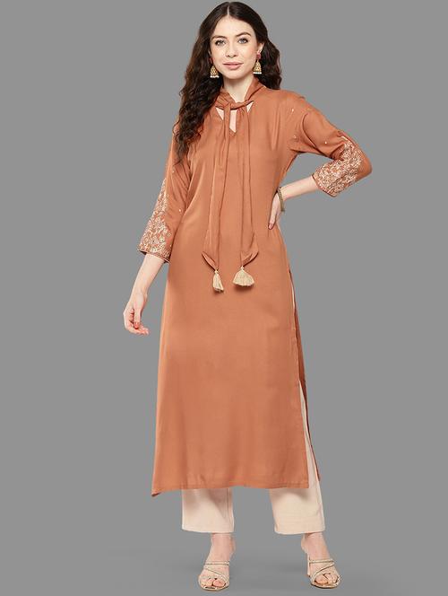 peach three quarter sleeve straight kurta - 20593514 -  Standard Image - 0