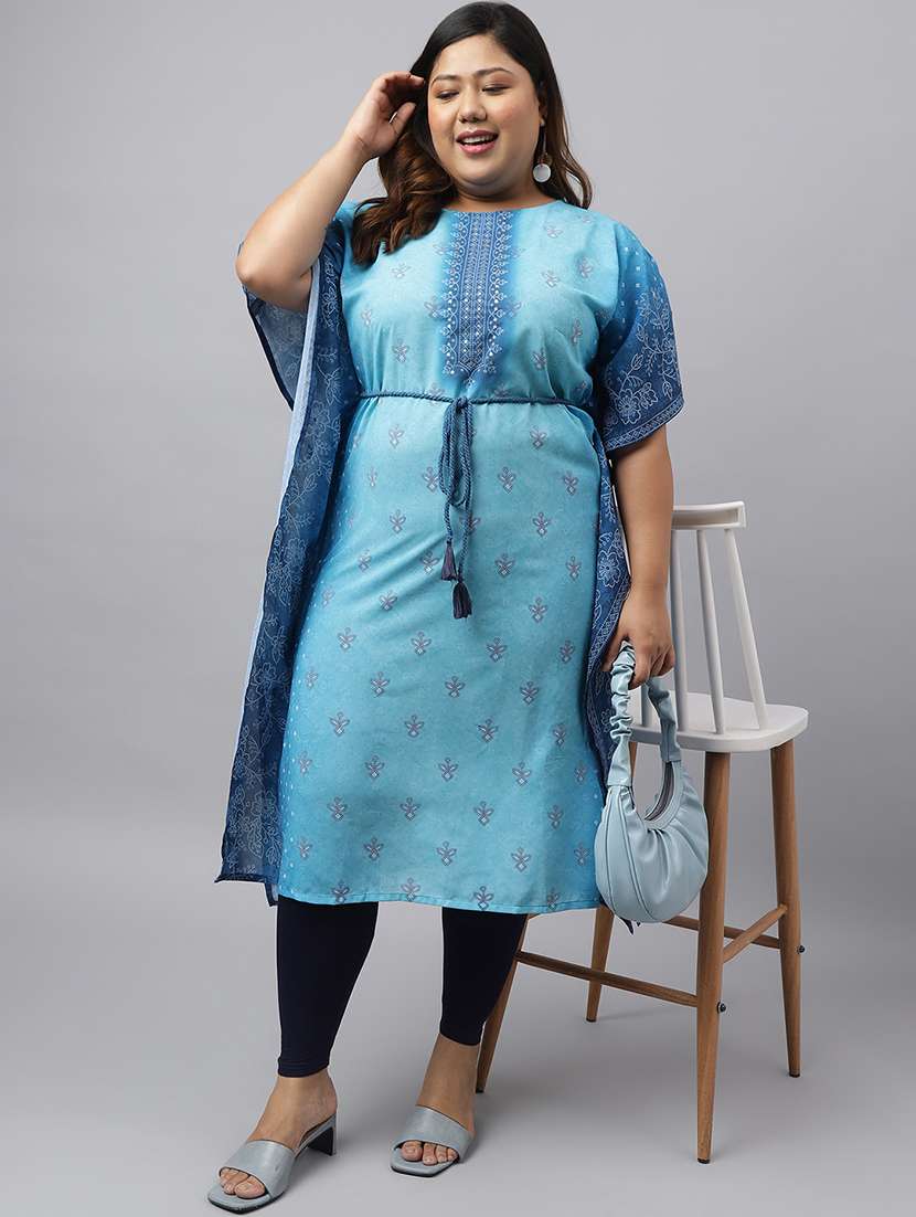light blue bandhani printed plus size kaftan kurta