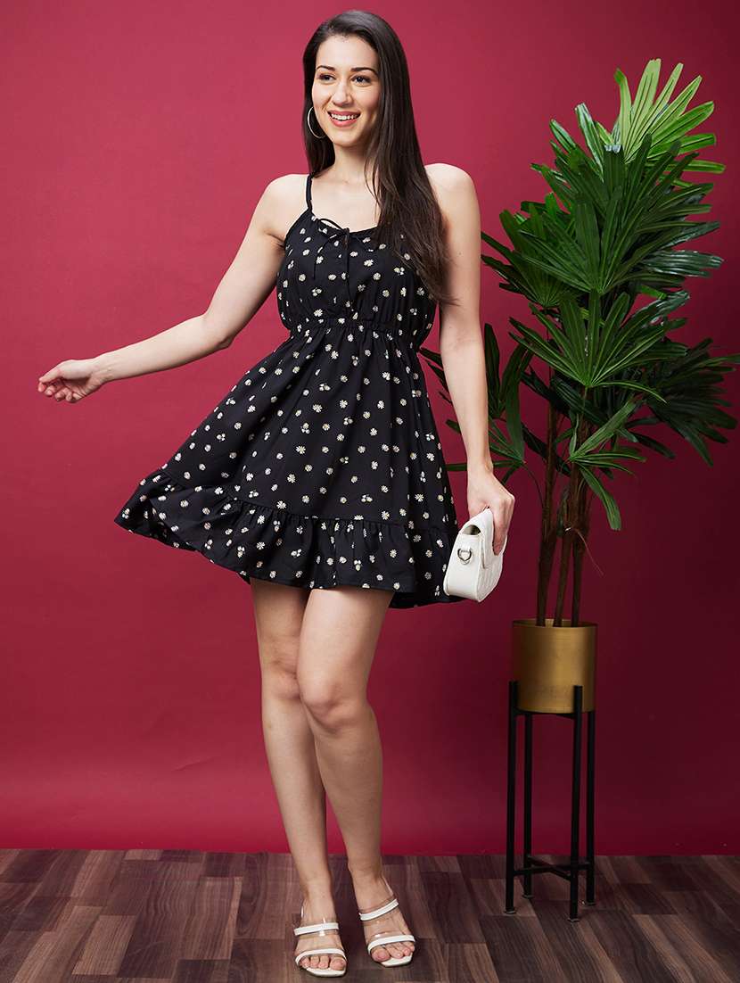 globus women black tie-up neck strappy shoulder floral printed fit & flare mini dress