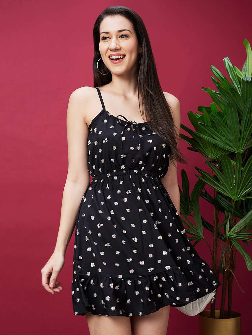 globus women black tie-up neck strappy shoulder floral printed fit & flare mini dress - 20594222 -  Standard Image - 2