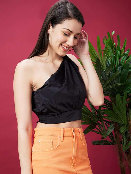 women black solid one shoulder crop top - 20594269 -  Standard Image - 0