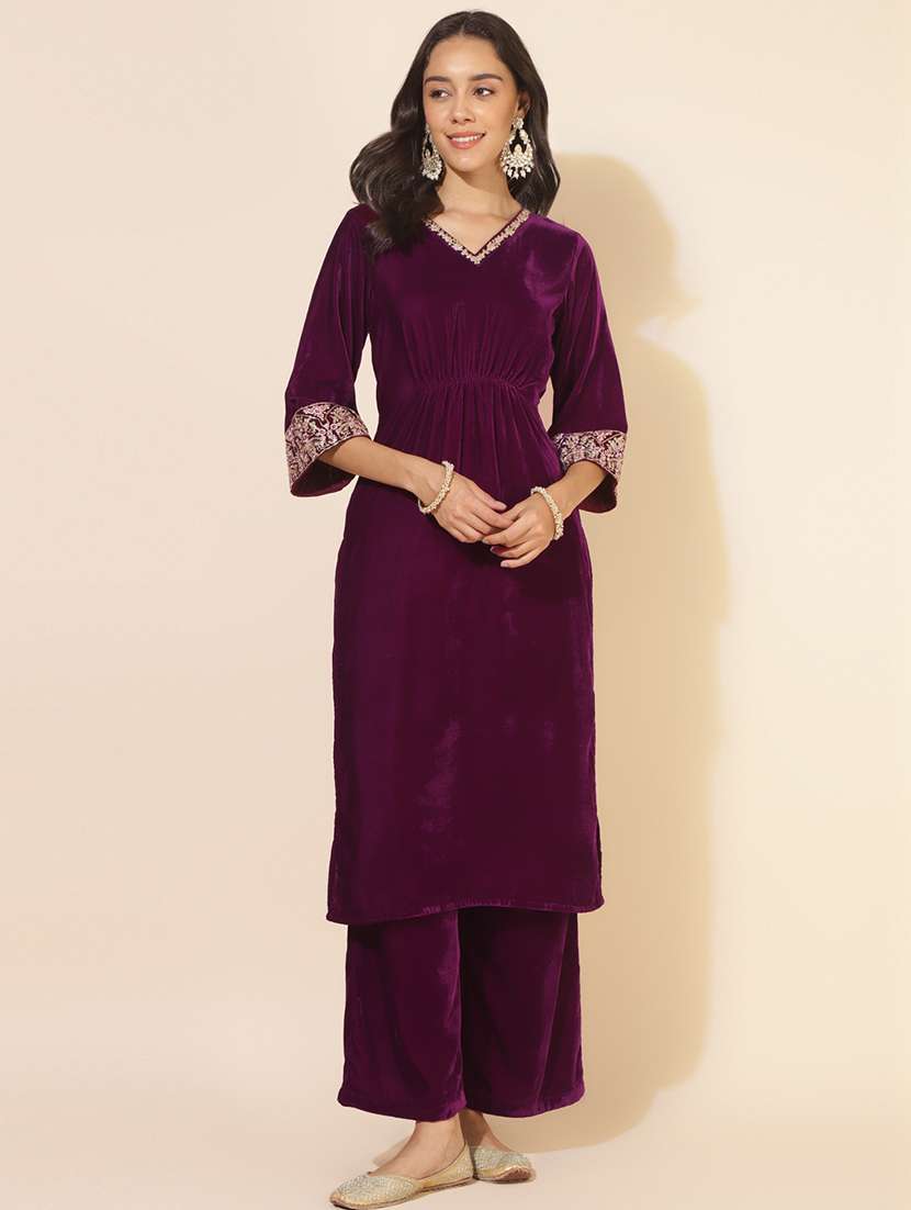 purple three quarter sleeve kurta palazzo set set