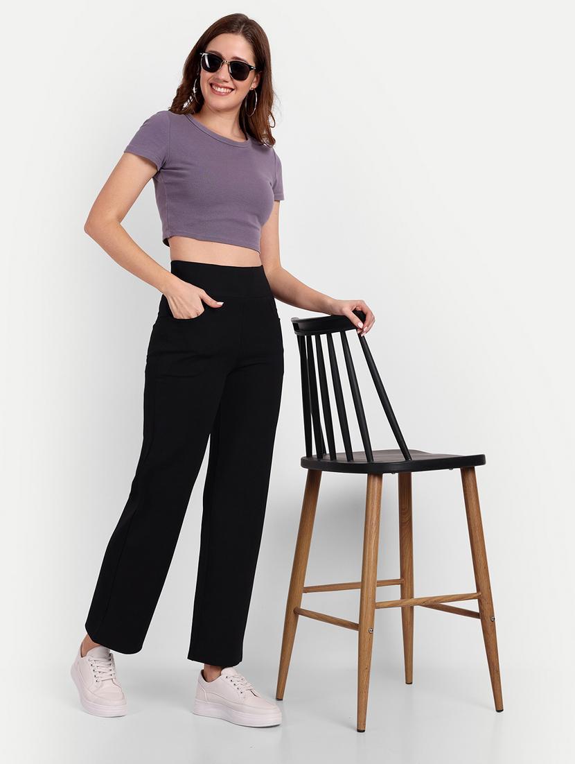 women black solids full length trousers - 20594337 - Standard Image - 2