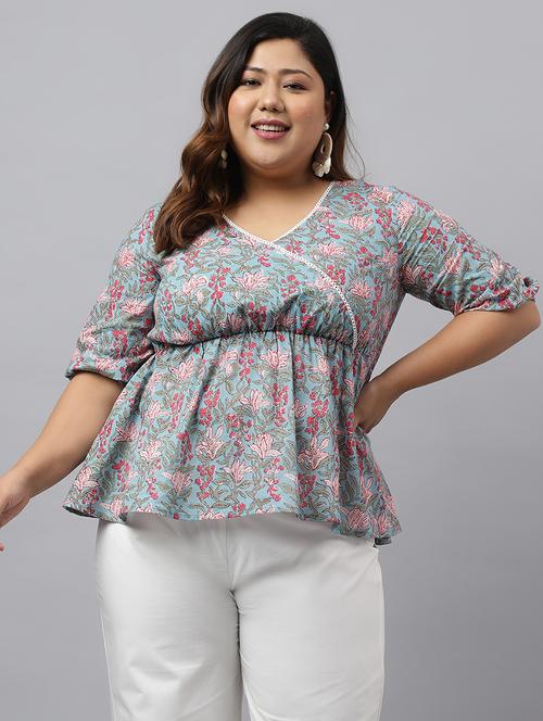women blue printed plus size top - 20594481 - Standard Image - 0
