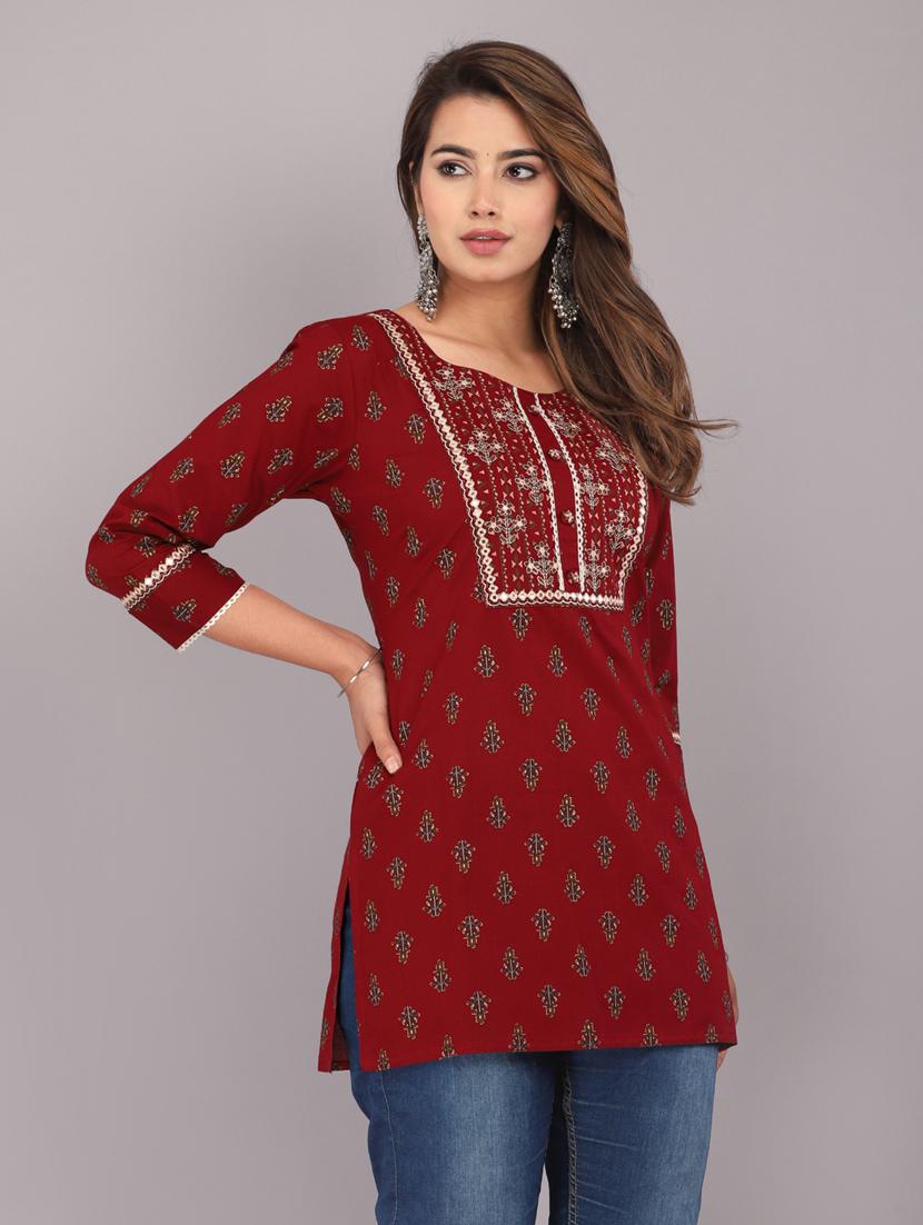 maroon printed rayon short kurti - 20594559 - Standard Image - 2