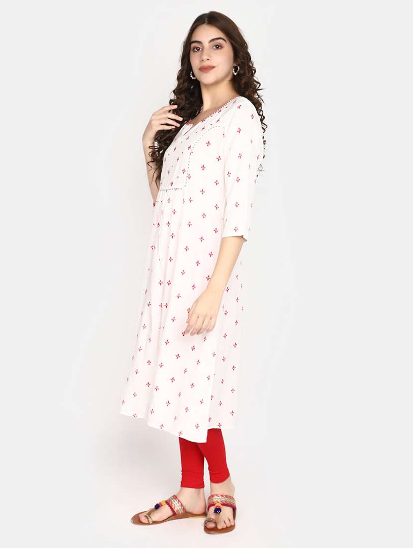 white printed rayon a-line kurta - 20594637 -  Standard Image - 2