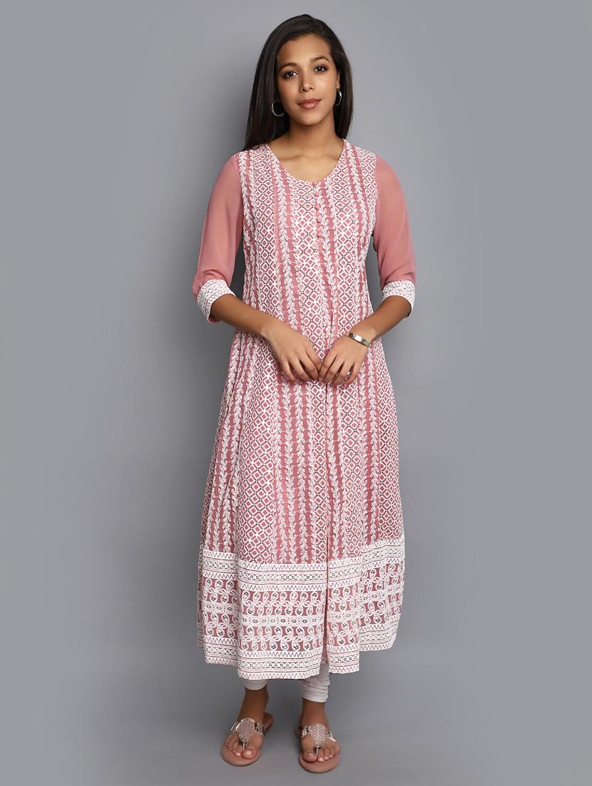 mauve embroidered cotton kalidar kurta - 20594638 - Zoom Image - 0