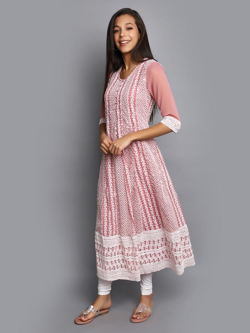 mauve embroidered cotton kalidar kurta - 20594638 - Standard Image - 2