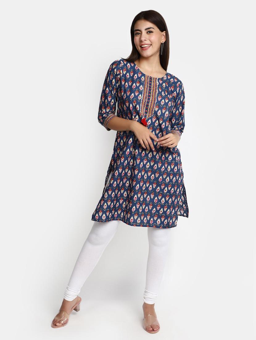 navy blue block print cotton straight kurta - 20594661 -  Zoom Image - 0