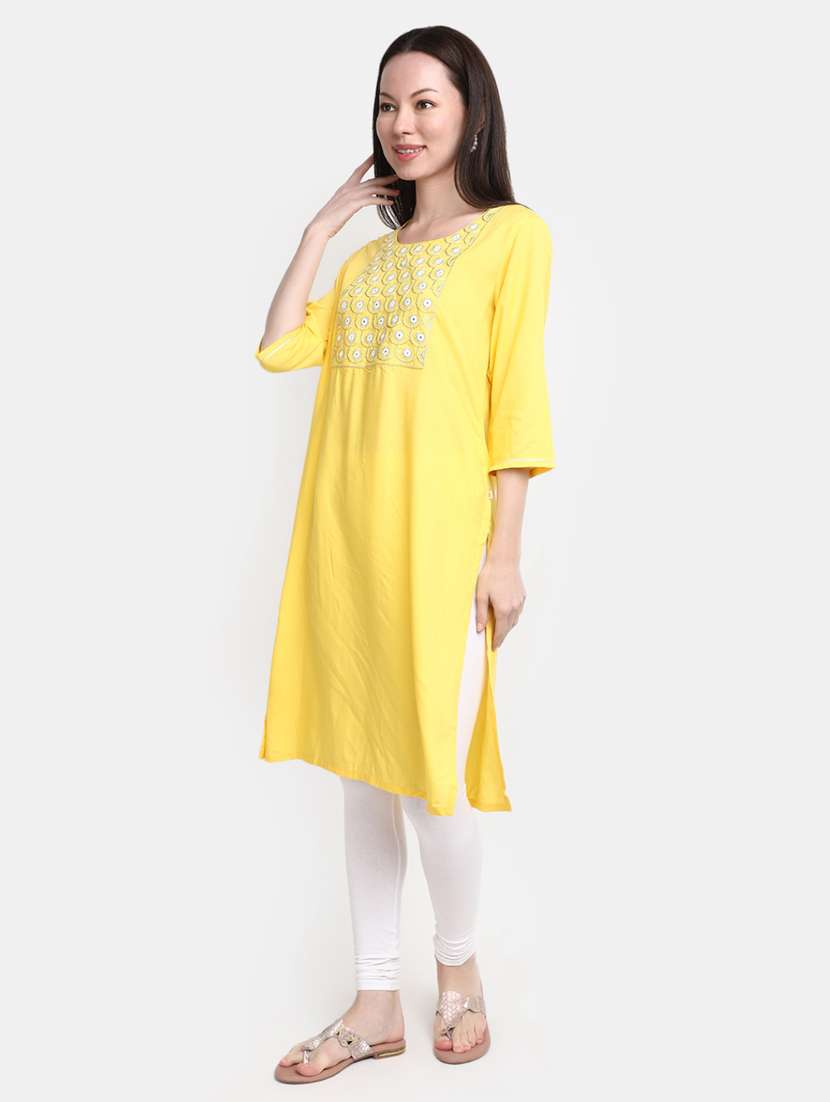 yellow embroidered rayon straight kurta - 20594662 -  Standard Image - 2