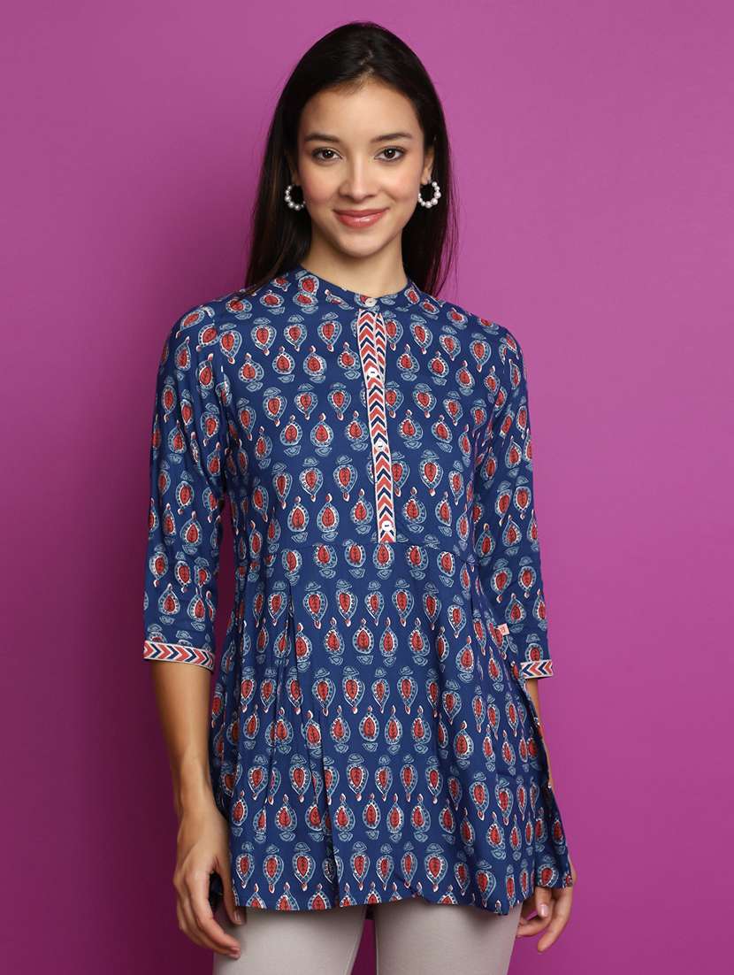 blue block print cotton short kurti