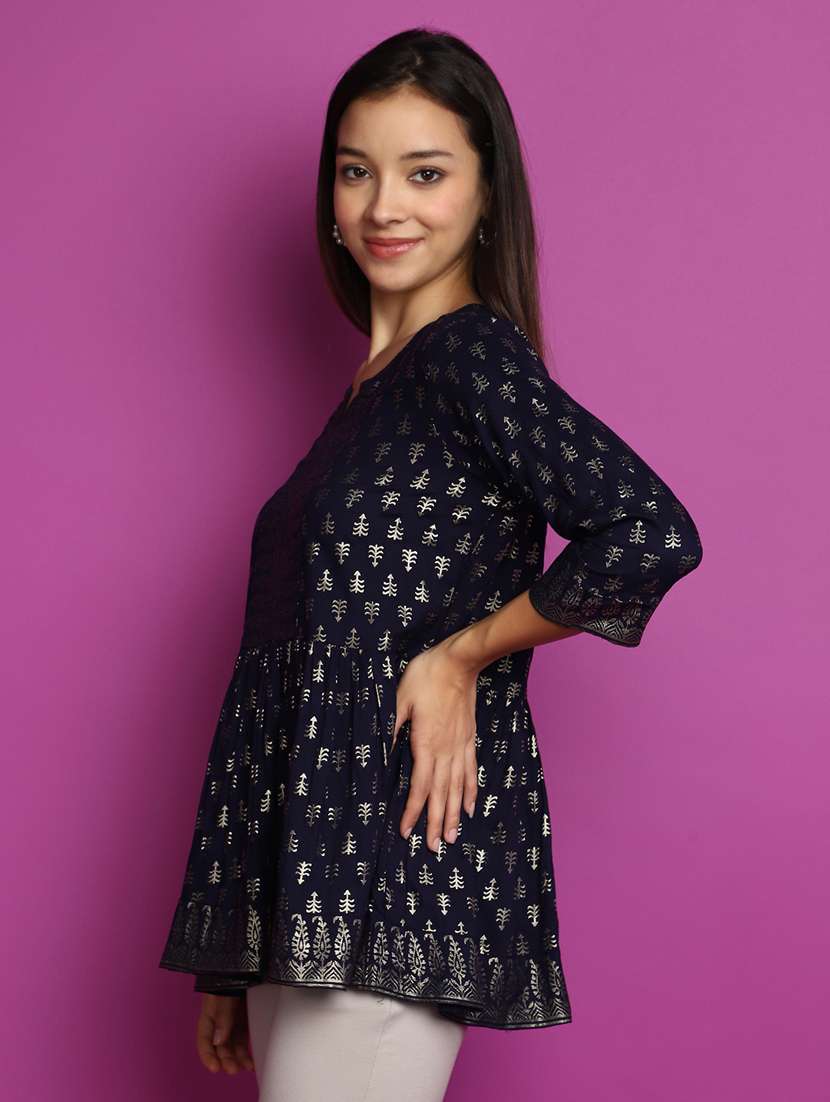 navy blue foil printed a-line kurti - 20594672 -  Standard Image - 2