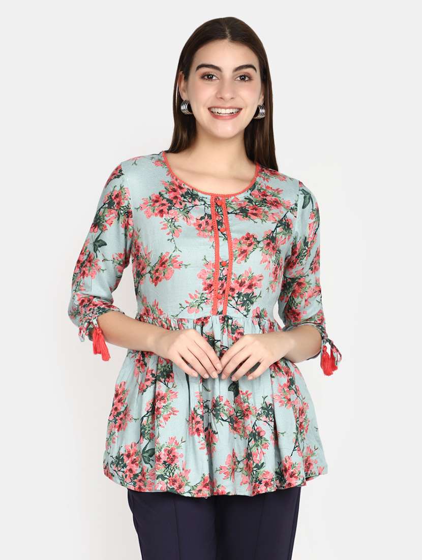 women green round neck floral print kurti