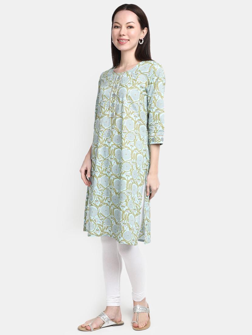 light blue floral print rayon straight kurta - 20594683 - Standard Image - 2