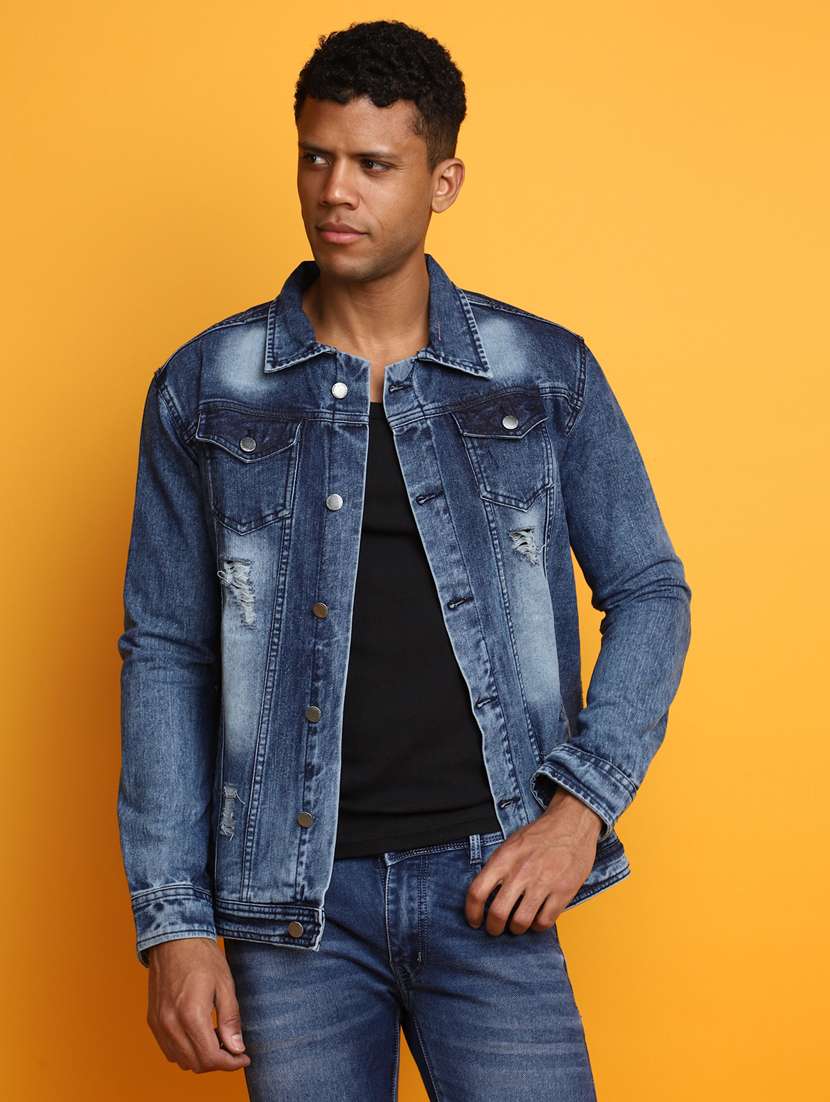 men blue washed denim full sleeve jacket