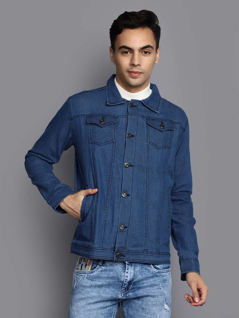 men blue solid denim full sleeve jacket