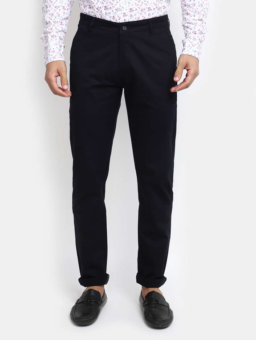 men mid-rise black solid casual chinos