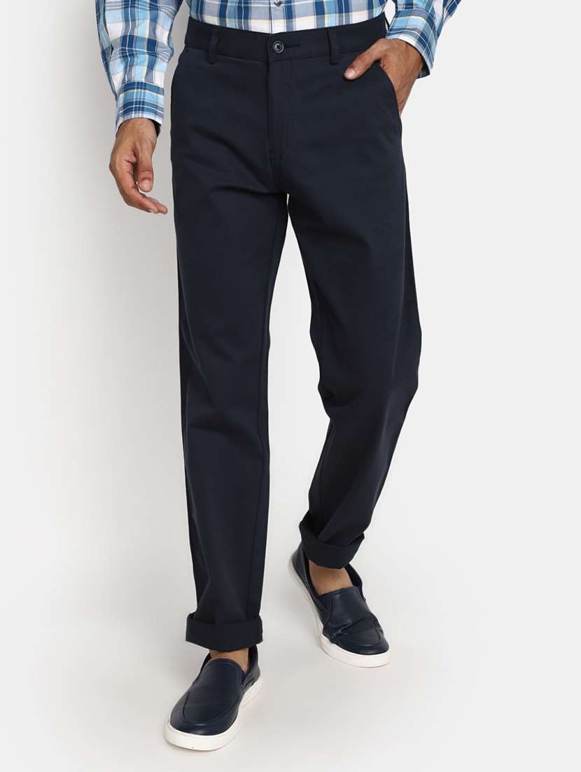 men mid-rise navy blue solid casual chinos
