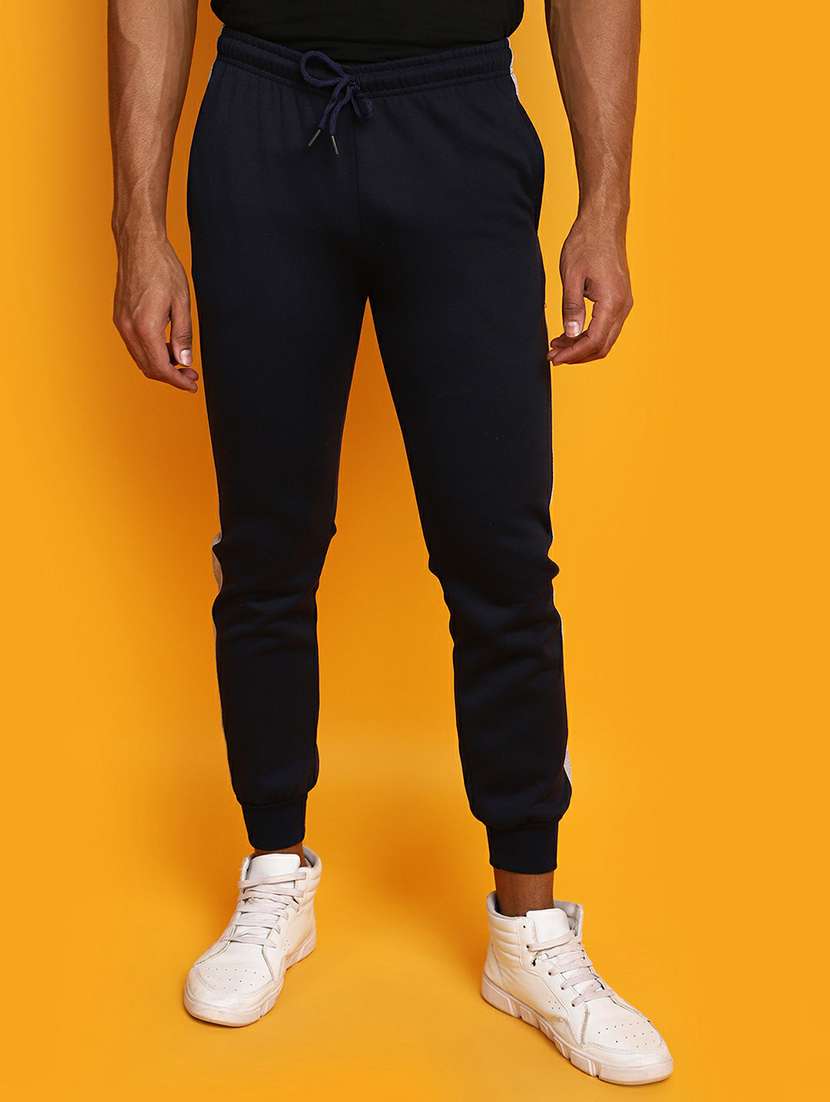 men navy blue side taped joggers
