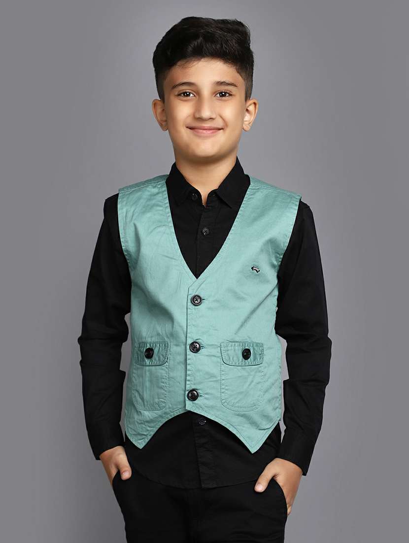 boys black shirt with green nehru jacket