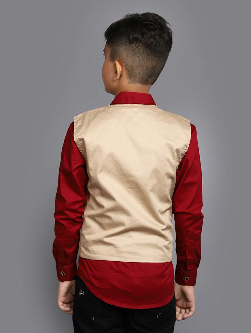 boys red shirt with beige nehru jacket - 20595395 -  Standard Image - 2