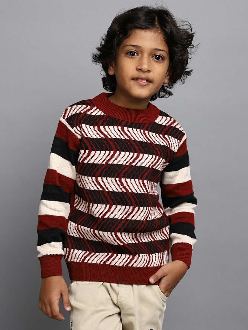 boys maroon striped full sleeve sweater