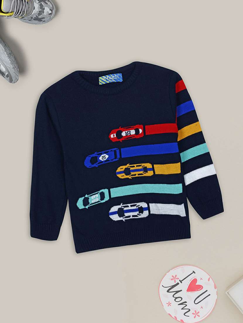 boys navy blue printed full sleeve sweater