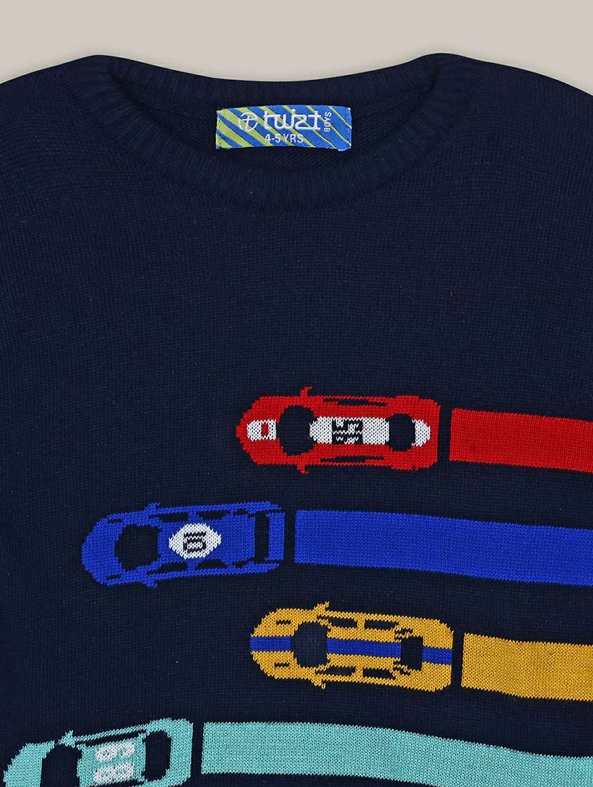 boys navy blue printed full sleeve sweater - 20595742 -  Standard Image - 2