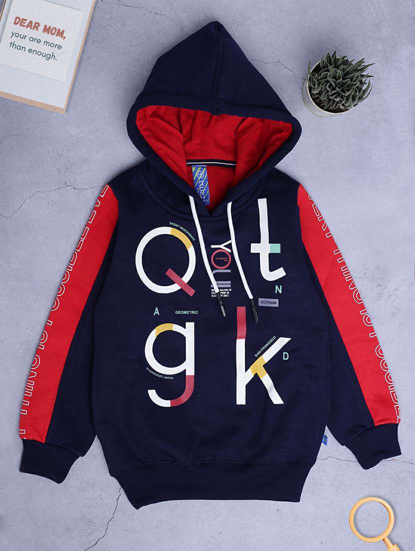 red & navy printed hooded sweatshirt