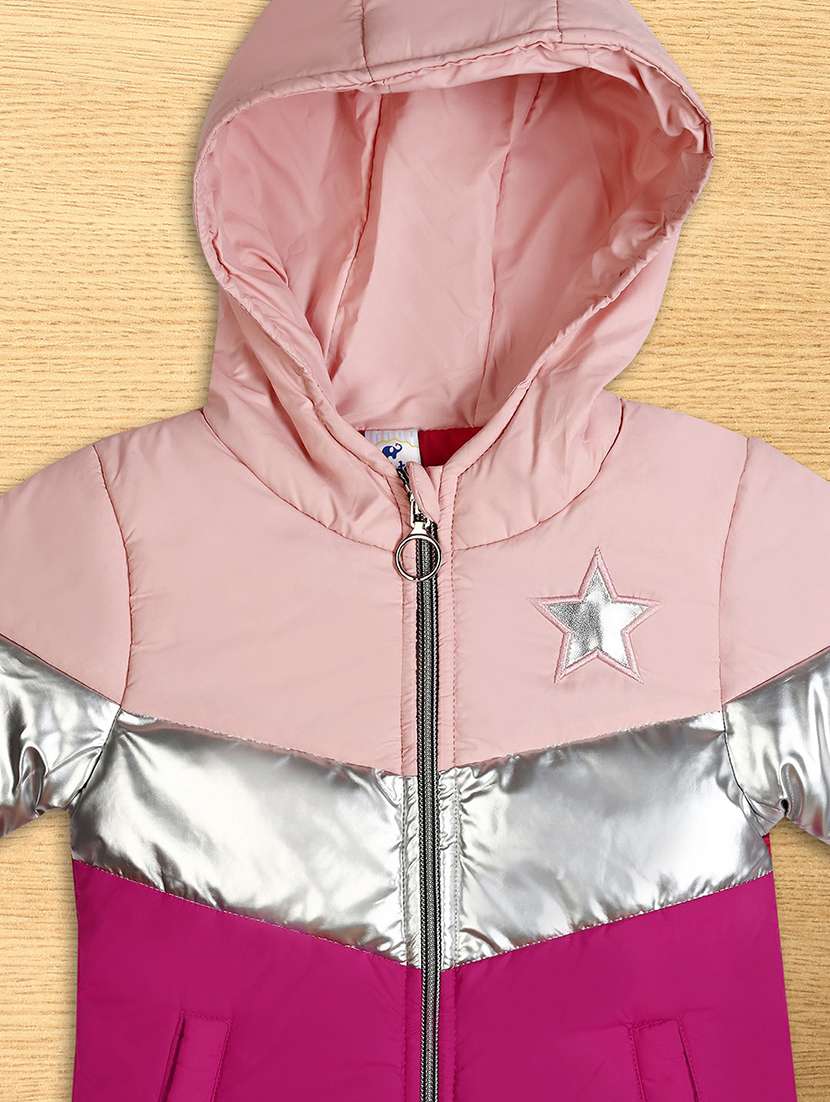 unisex pink full sleeve color block quilted hooded jacket - 20595893 -  Standard Image - 2