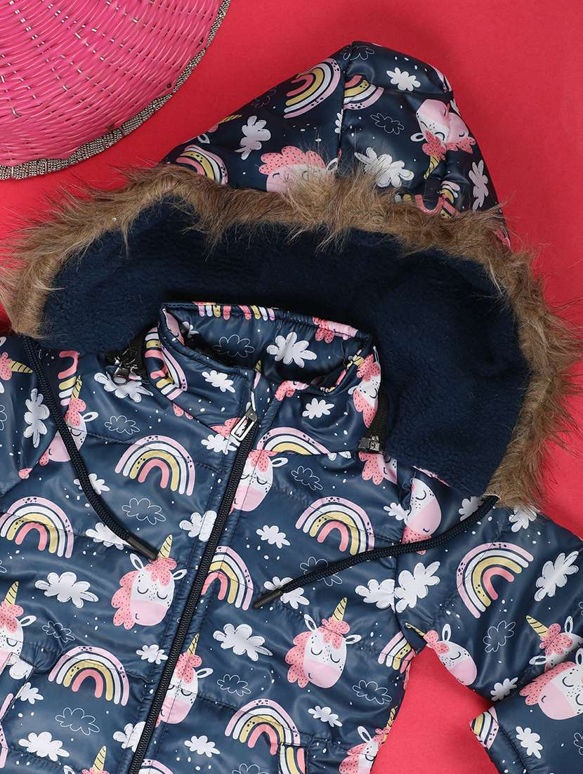 unisex blue printed  full sleeve quilted hooded jacket - 20595897 -  Standard Image - 2