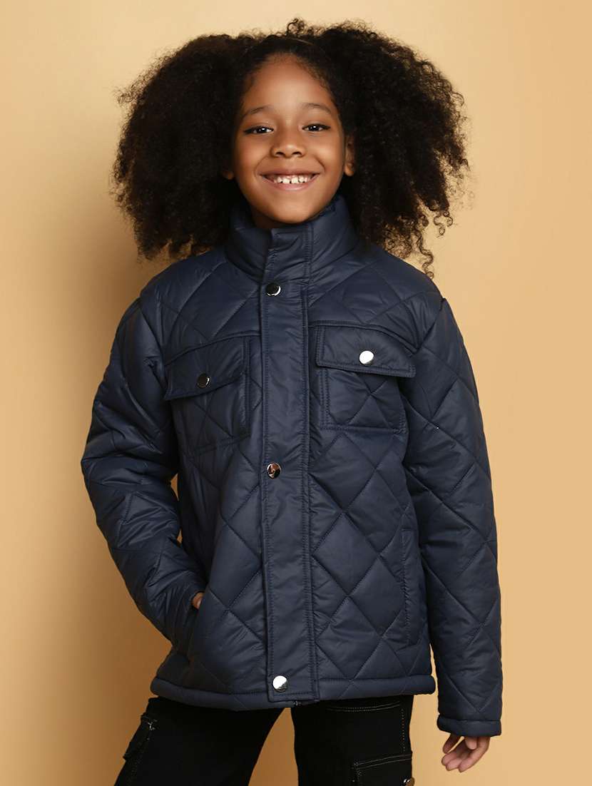 girls navy blue solid quilted jacket