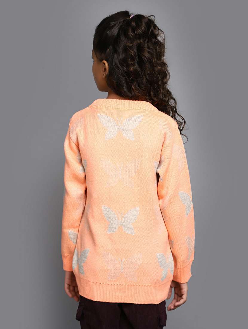 girls self design round neck peach sweater - 20595957 -  Standard Image - 2