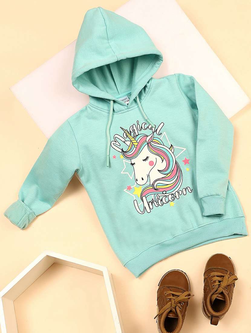 girls green graphic printed hooded sweatshirt