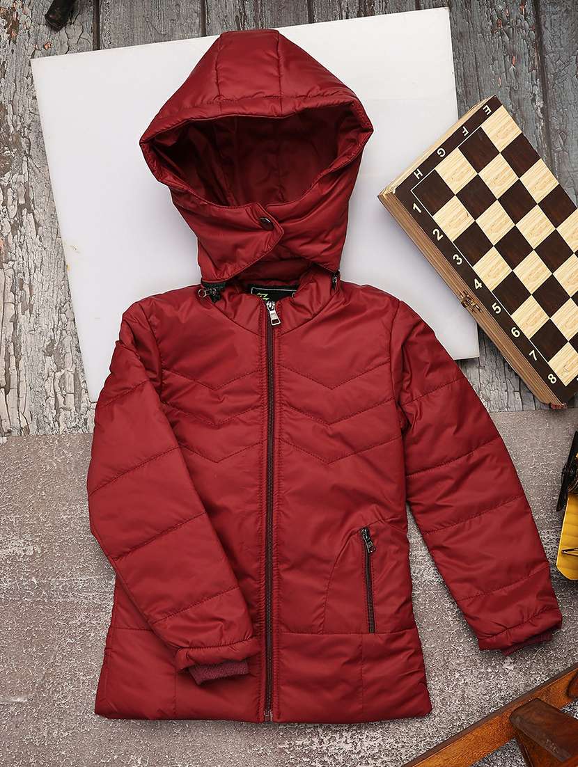 girls maroon solid quilted jacket