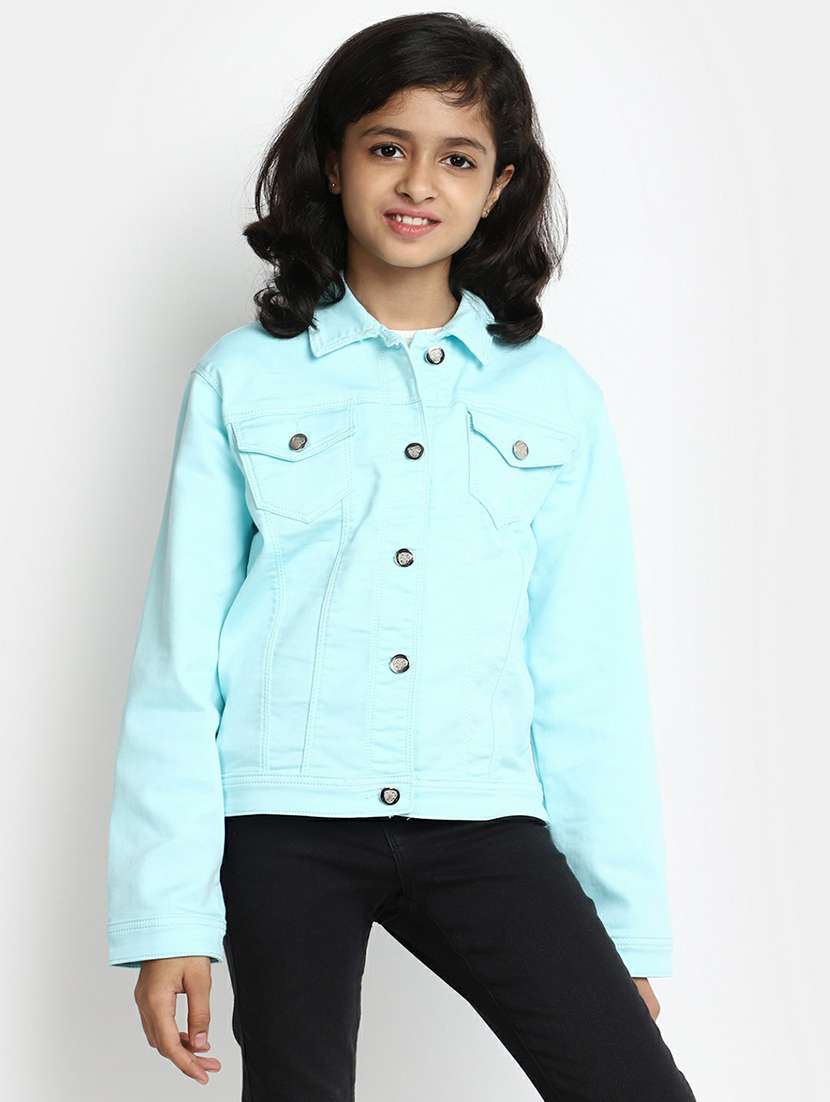 girls blue cotton regular solid jacket